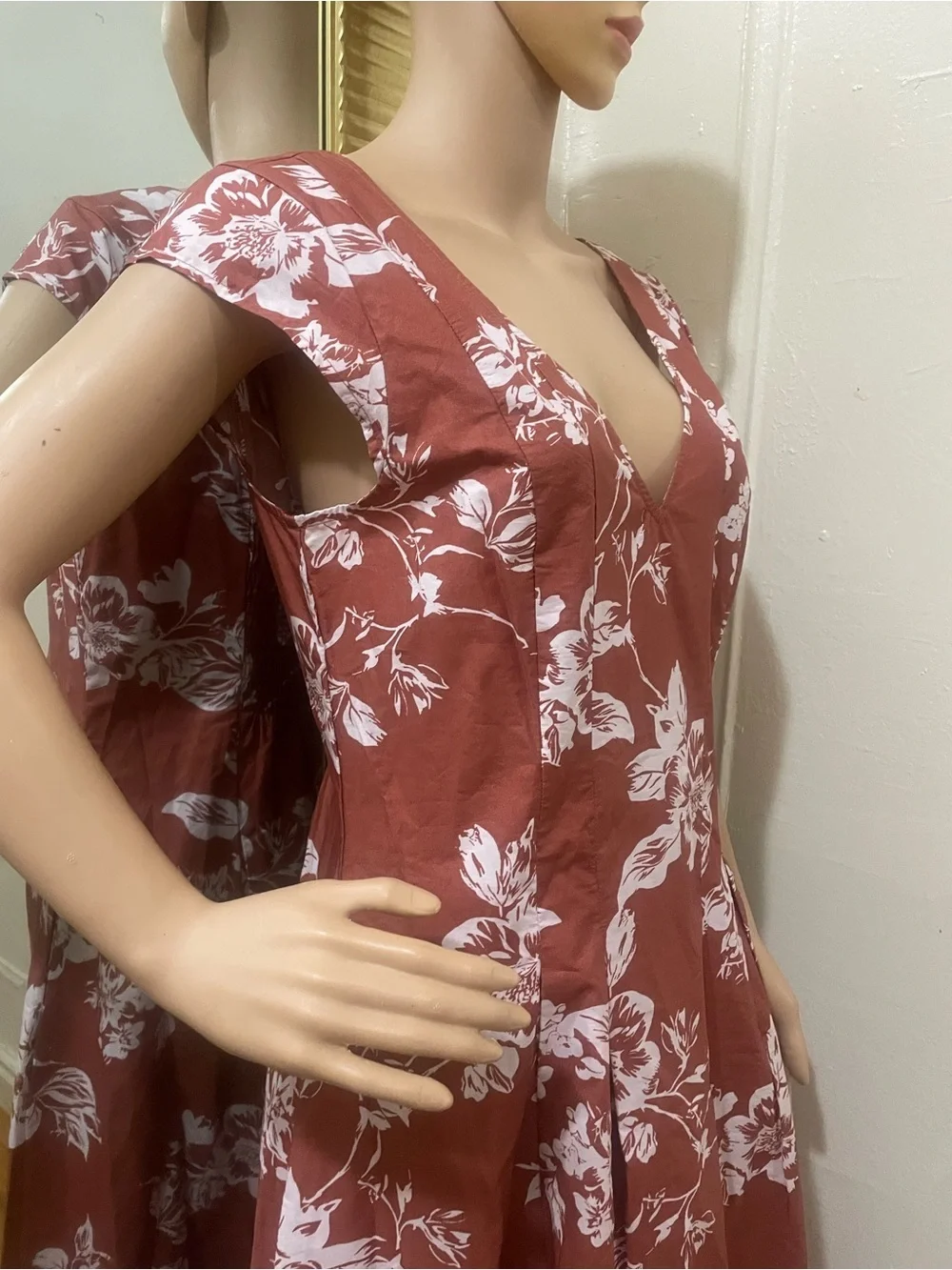 a new day Rust Floral V-Neck Midi Dress with White Print